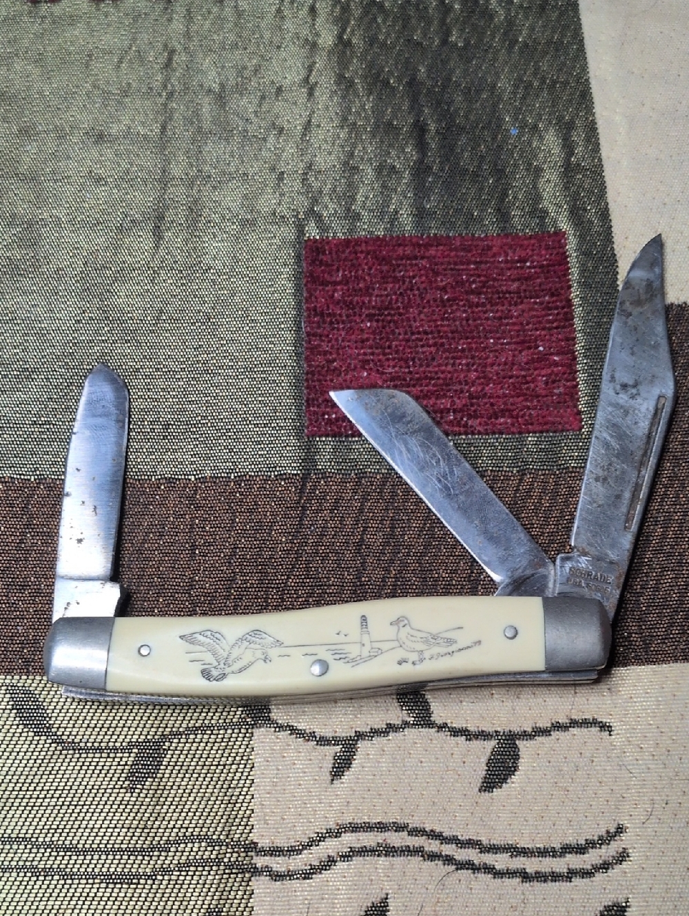 Men's Ivory Folding Pocket Knife with Etched Bird Motif
